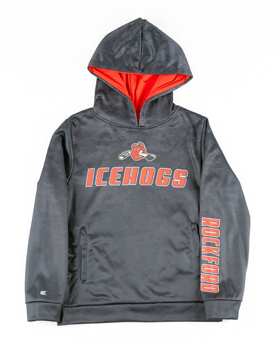 black Colosseum Rockford IceHogs youth hoodie with graphics across chest and left arm - front lay flat