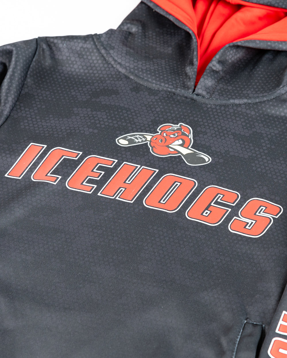 black Colosseum Rockford IceHogs youth hoodie with graphics across chest and left arm - detail front lay flat