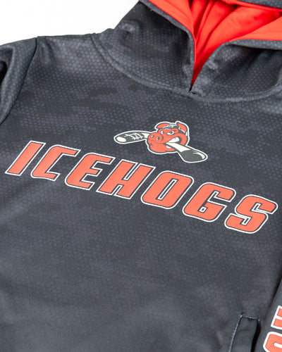 black Colosseum Rockford IceHogs youth hoodie with graphics across chest and left arm - detail front lay flat