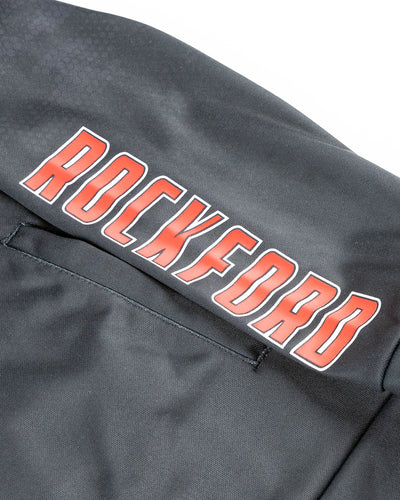 black Colosseum Rockford IceHogs youth hoodie with graphics across chest and left arm - detail arm lay flat