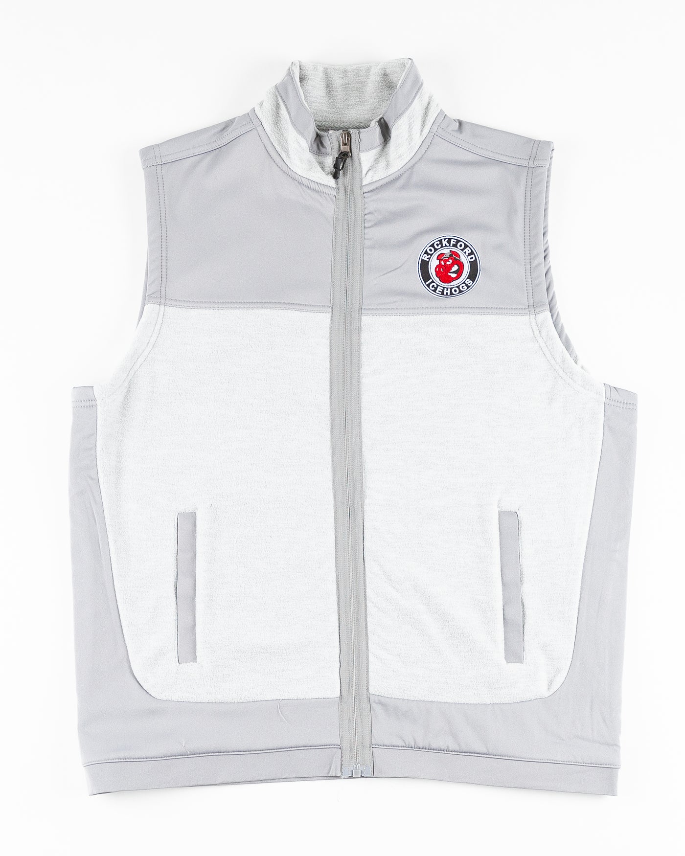grey Colosseum vest with Rockford IceHogs patch embroidered on left chest - front lay flat