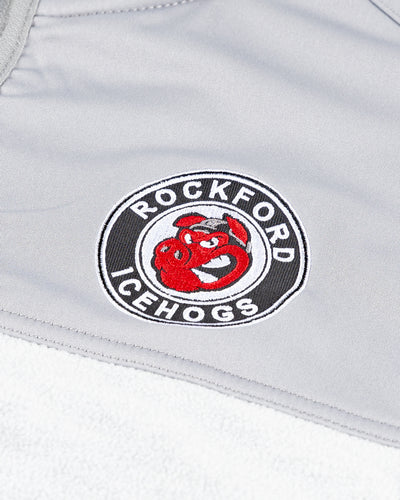 grey Colosseum vest with Rockford IceHogs patch embroidered on left chest - detail lay flat