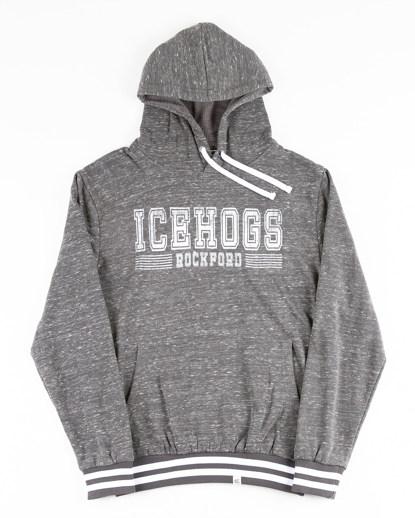 grey Colosseum hoodie with Rockford IceHogs wordmark graphic across chest - front lay flat
