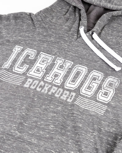 grey Colosseum hoodie with Rockford IceHogs wordmark graphic across chest - detail lay flat