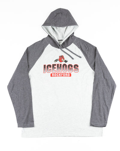 two tone grey long sleeve hoodie with Rockford IceHogs logo printed on chest - front lay flat