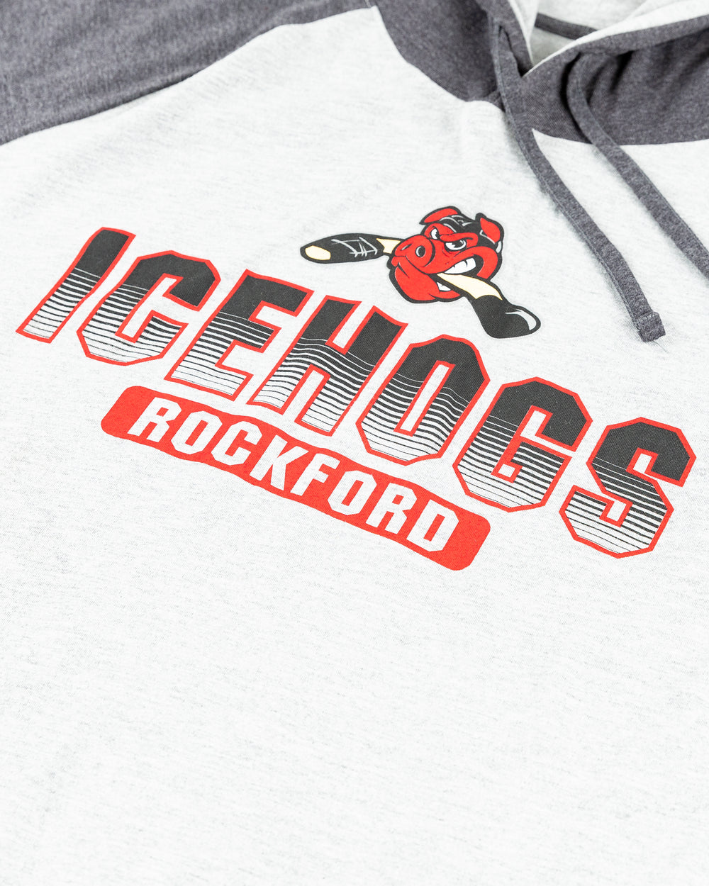 two tone grey long sleeve hoodie with Rockford IceHogs logo printed on chest - detail lay flat