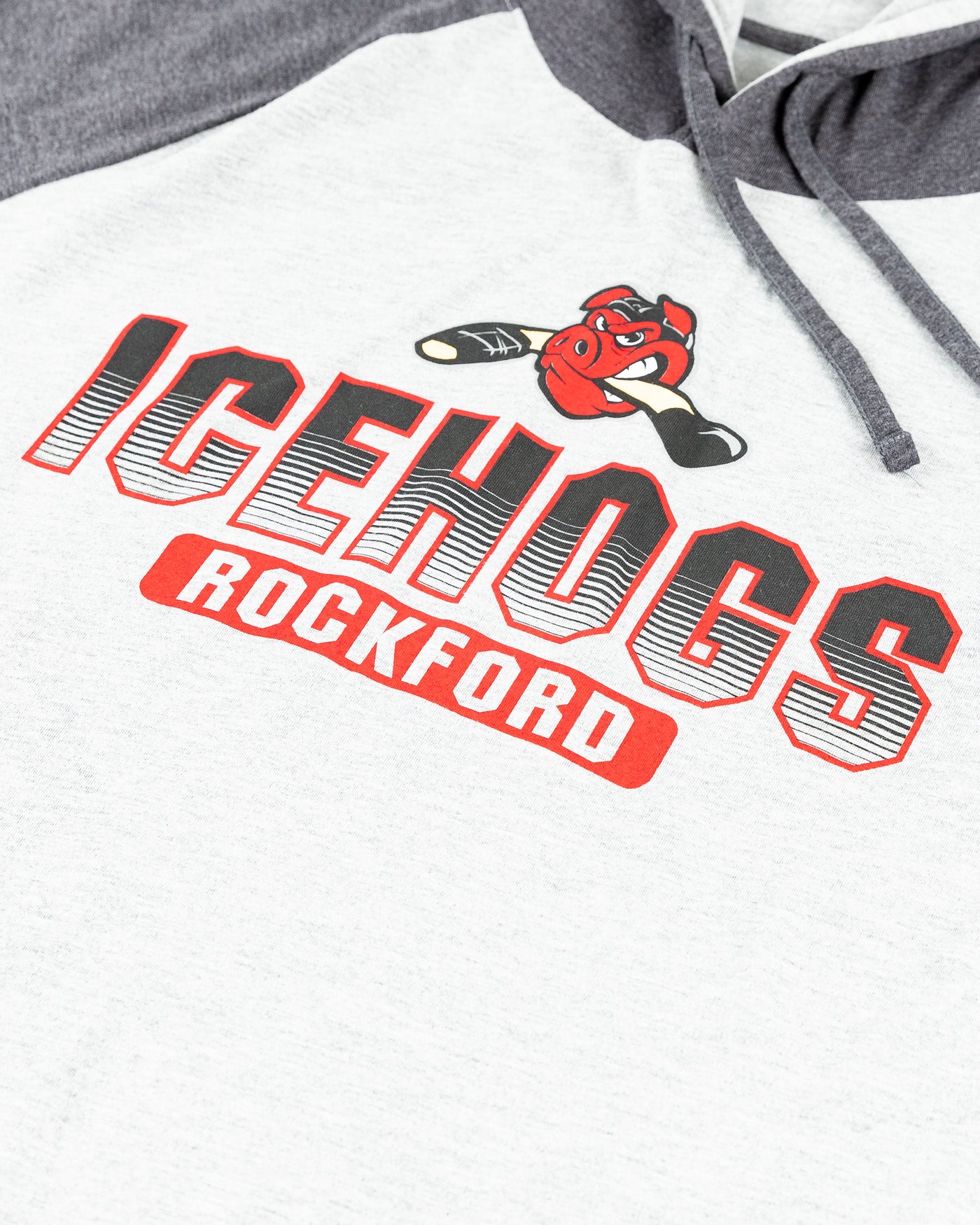 two tone grey long sleeve hoodie with Rockford IceHogs logo printed on chest - detail lay flat