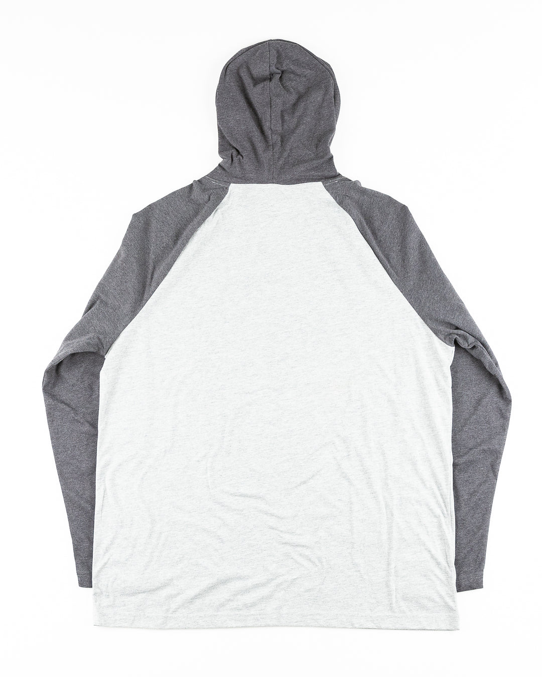 two tone grey long sleeve hoodie with Rockford IceHogs logo printed on chest - back lay flat