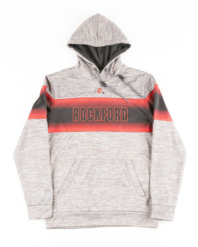 grey Colosseum hoodie with Rockford IceHogs wordmark across chest - front lay flat