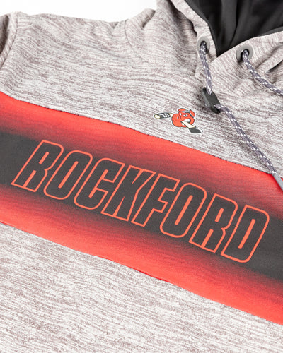 grey Colosseum hoodie with Rockford IceHogs wordmark across chest - detail lay flat