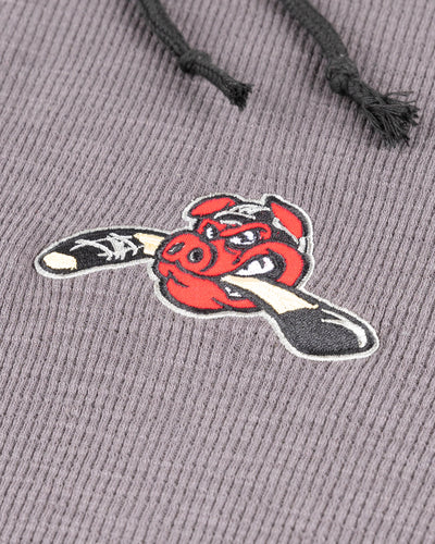 grey waffle knit Colosseum hoodie with Rockford IceHogs Hammy embroidered on left chest - detail lay flat