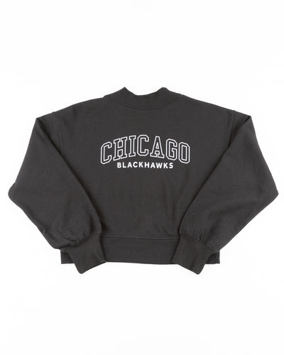 black cropped mock neck sweater with Chicago Blackhawks wordmark - front lay flat