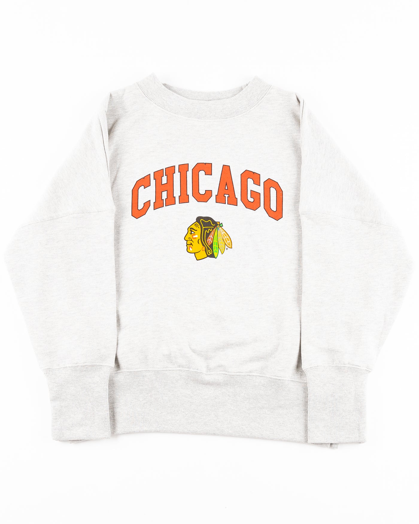 grey chicka-d crewneck with Chicago wordmark and Chicago Blackhawks primary logo across front - front lay flat