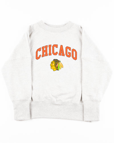 grey chicka-d crewneck with Chicago wordmark and Chicago Blackhawks primary logo across front - front lay flat