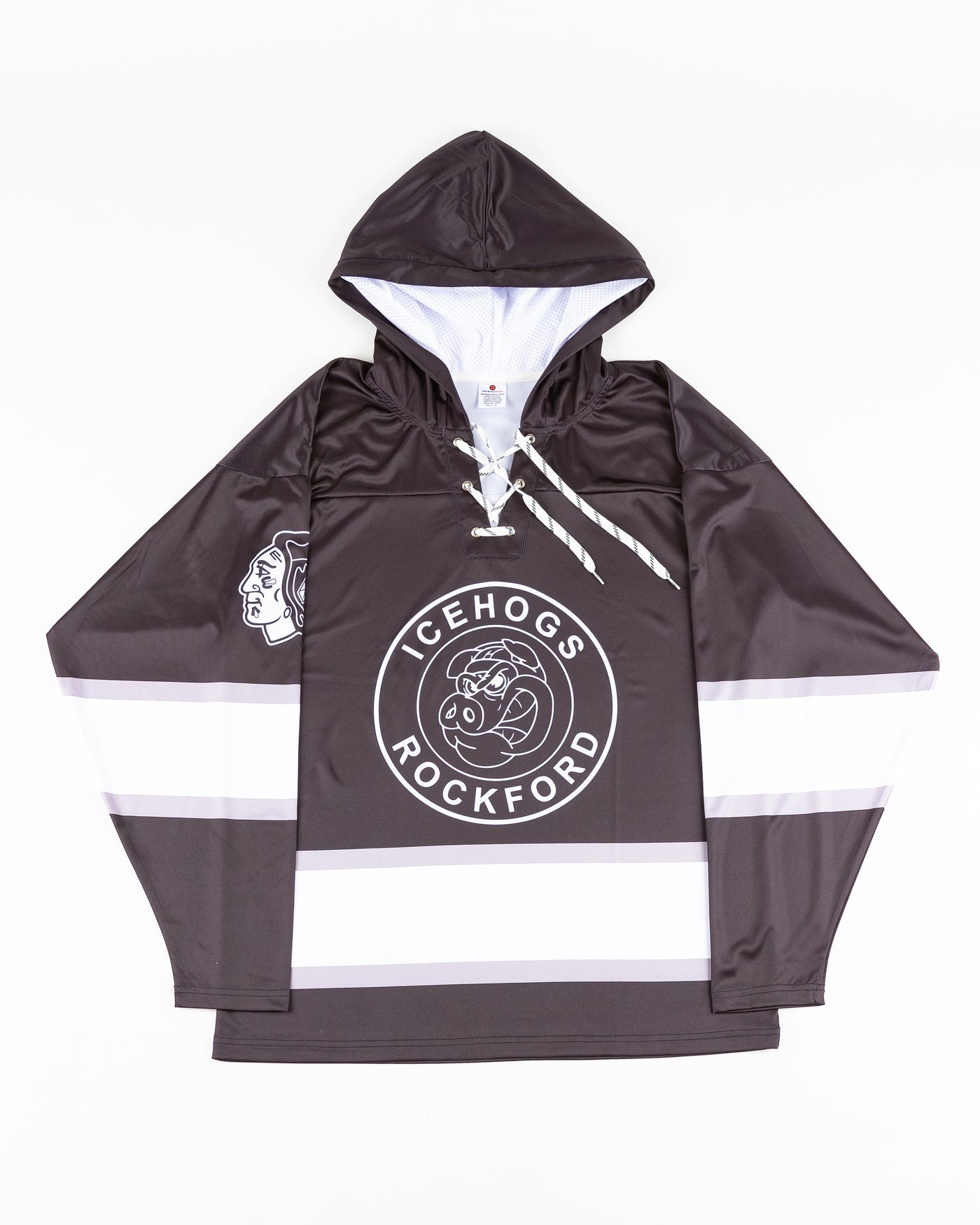 black and white Rockford IceHogs sublimated jersey hoodie - front lay flat