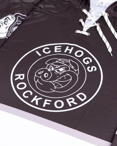 black and white Rockford IceHogs sublimated jersey hoodie - detail front lay flat