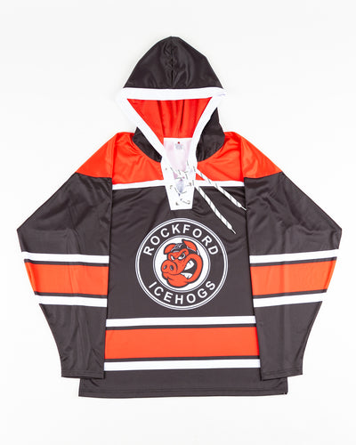black and red Rockford IceHogs sublimated jersey hoodie - front lay flat