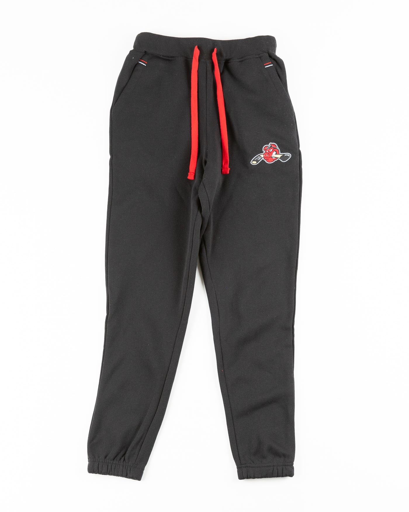 black Rockford IceHogs sweatpants with embroidered Hammy logo on left thigh - front lay flat