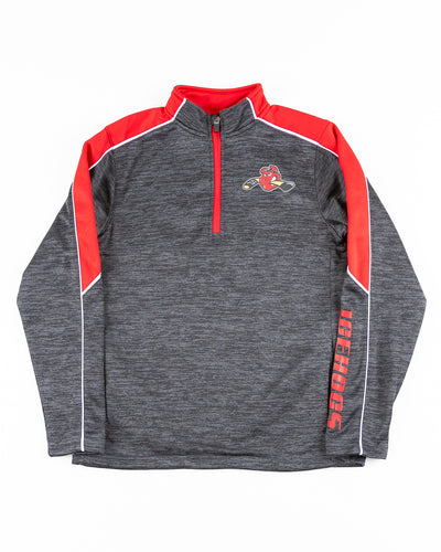 grey youth Rockford IceHogs quarter zip with red accents - front lay flat