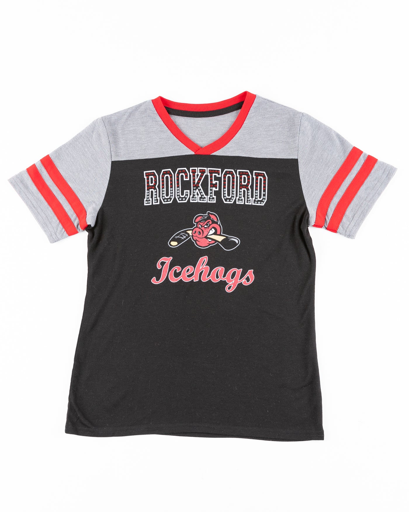 Colosseum Rockford IceHogs youth rhinestone v neck tee - front lay flat