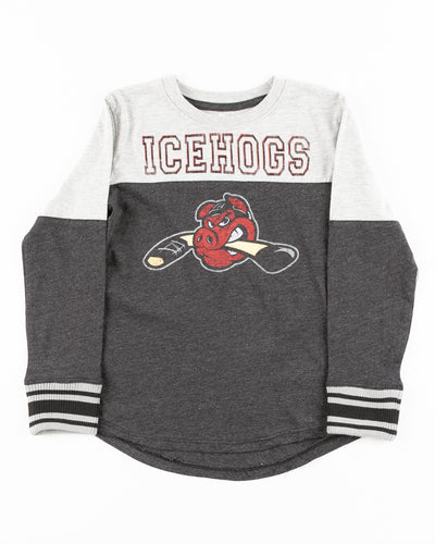 two tone grey Rockford IceHogs youth crewneck - front lay flat