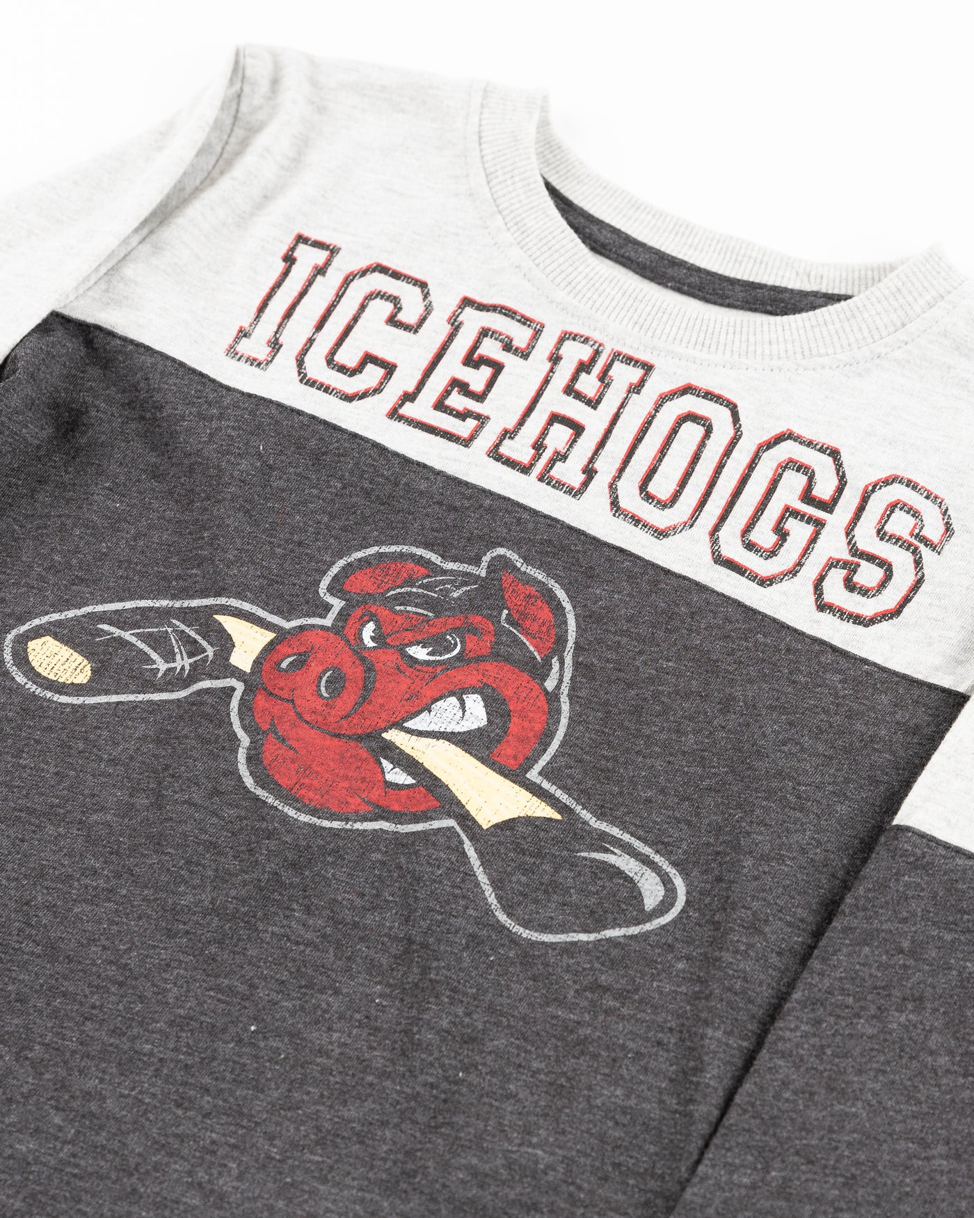 two tone grey Rockford IceHogs youth crewneck - detail lay flat