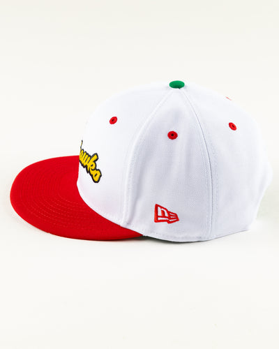 white and red New Era snapback with Chicago Blackhawks wordmark and deep dish pizza design - left side lay flat