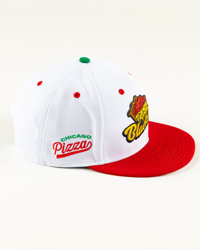 white and red New Era snapback with Chicago Blackhawks wordmark and deep dish pizza design - right side lay flat