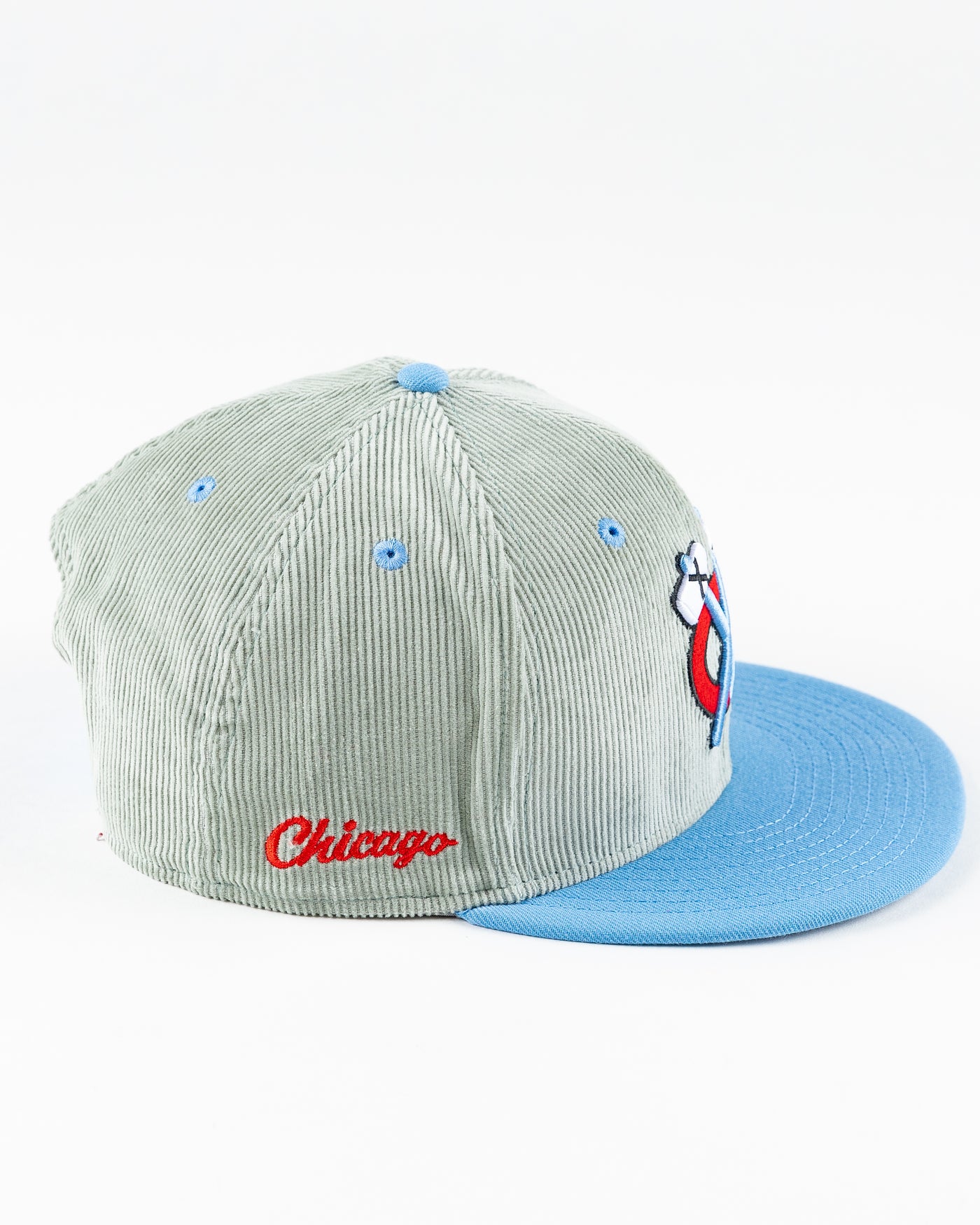 grey corduroy and blue flat brim New Era snapback with Chicago Blackhawks secondary logo embroidered on front - right side lay flat