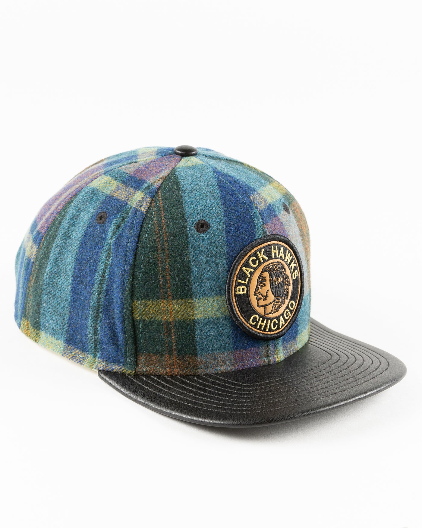 New Era snapback with wool checker crown and vintage Chicago Blackhawks logo and leather flat brim - right angle lay flat