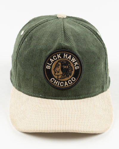 green and cream corduroy adjustable New Era cap with Chicago Blackhawks vintage logo on front - front lay flat