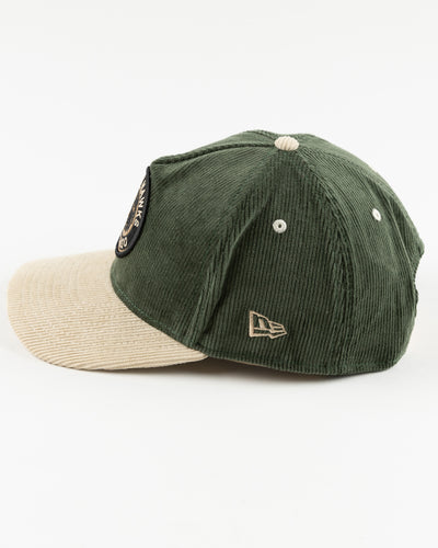 green and cream corduroy adjustable New Era cap with Chicago Blackhawks vintage logo on front - left side lay flat