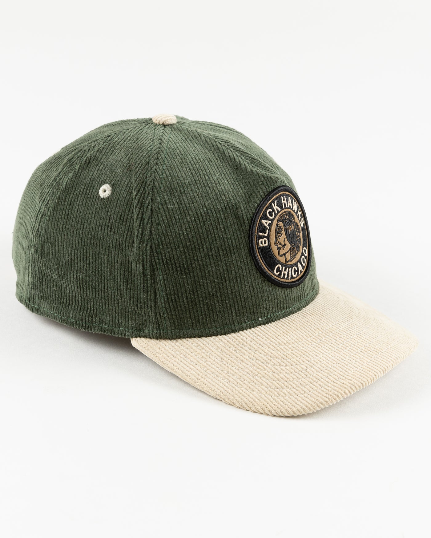 green and cream corduroy adjustable New Era cap with Chicago Blackhawks vintage logo on front - right angle lay flat