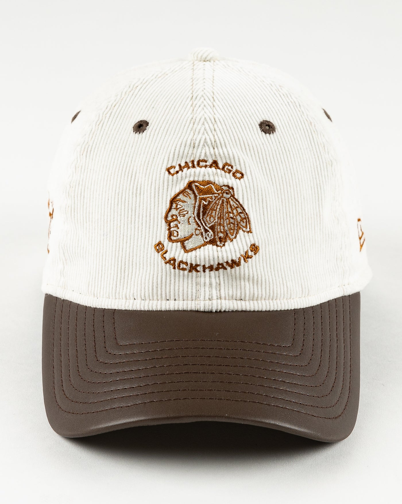 cream and brown New Era adjustable cap with tonal Chicago Blackhawks logo - front lay flat