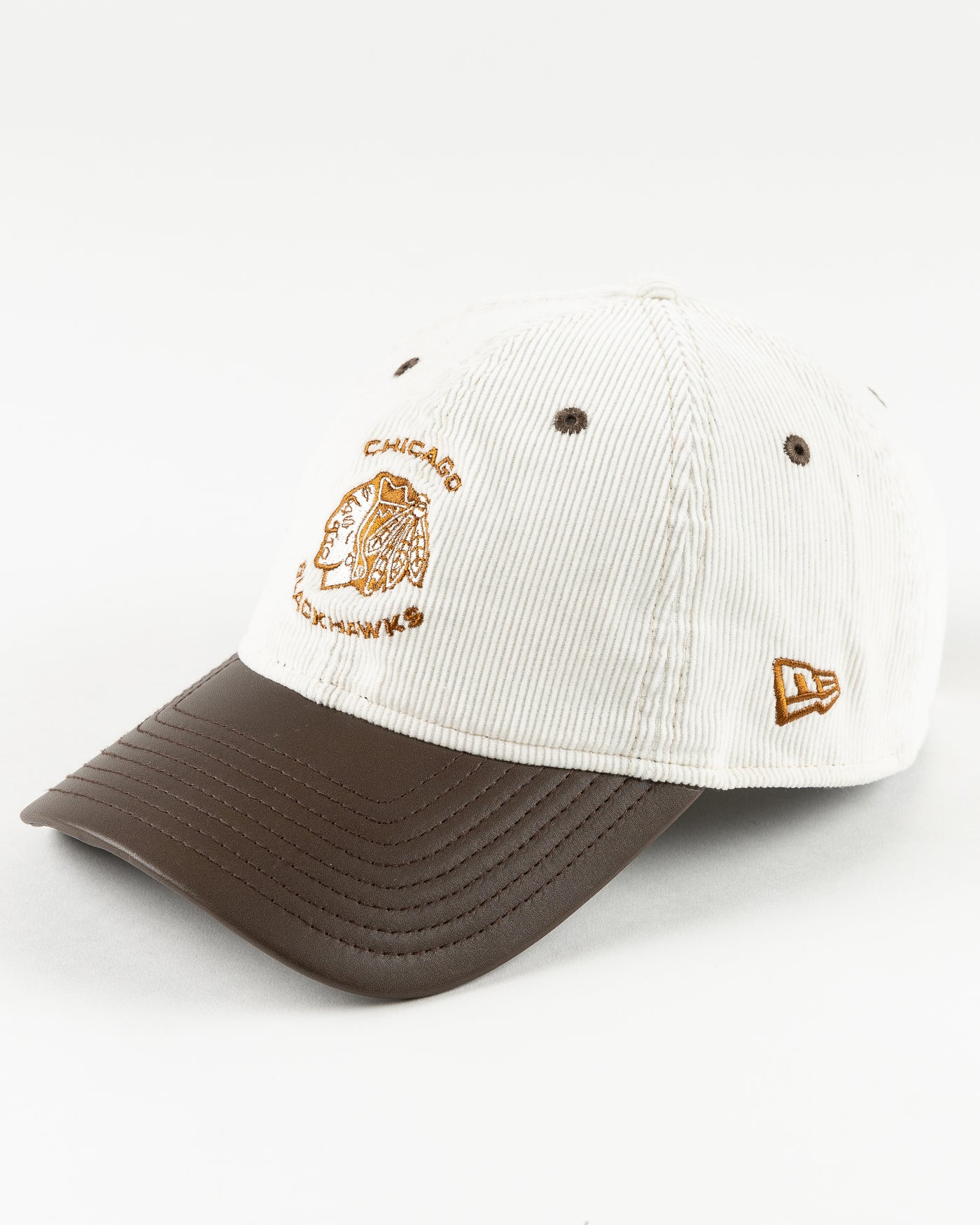 cream and brown New Era adjustable cap with tonal Chicago Blackhawks logo - right angle lay flat