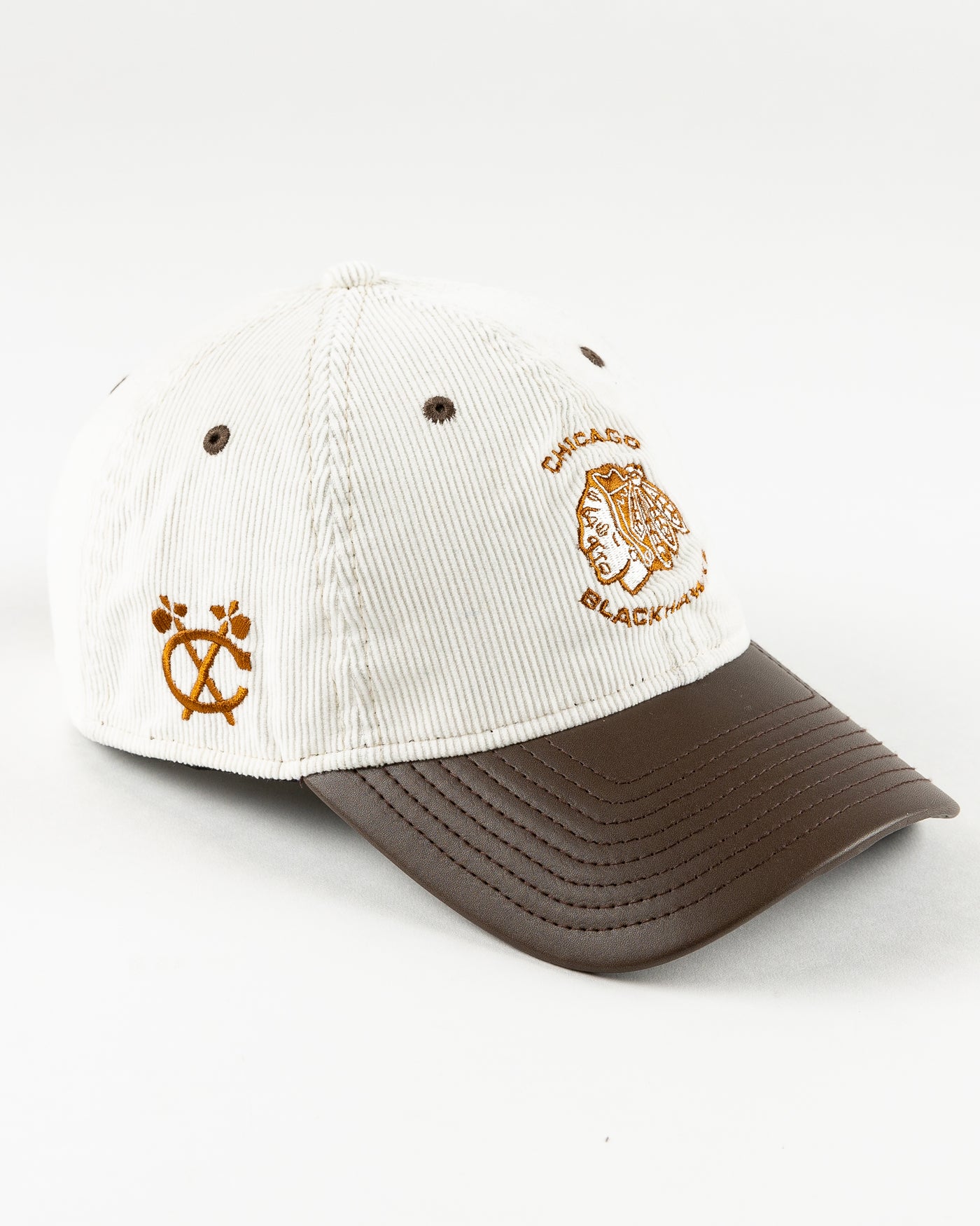 cream and brown New Era adjustable cap with tonal Chicago Blackhawks logo - left angle lay flat