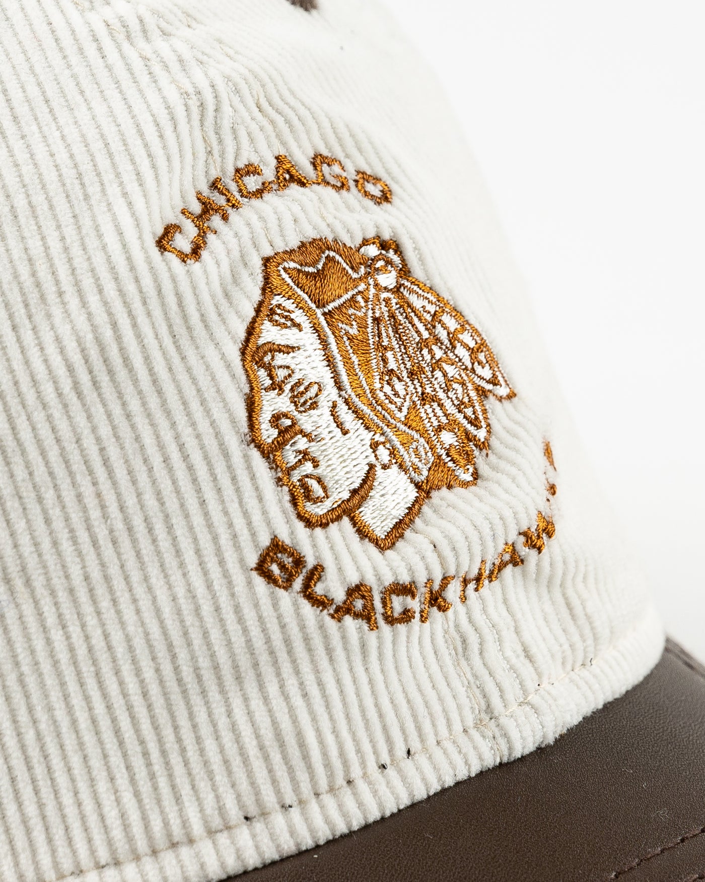 cream and brown New Era adjustable cap with tonal Chicago Blackhawks logo - detail lay flat