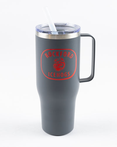 gray Rockford IceHogs tumbler with straw and red logo on front - front lay flat