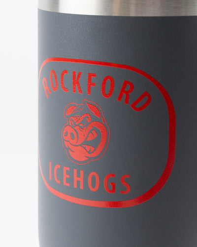 gray Rockford IceHogs tumbler with straw and red logo on front - detail lay flat