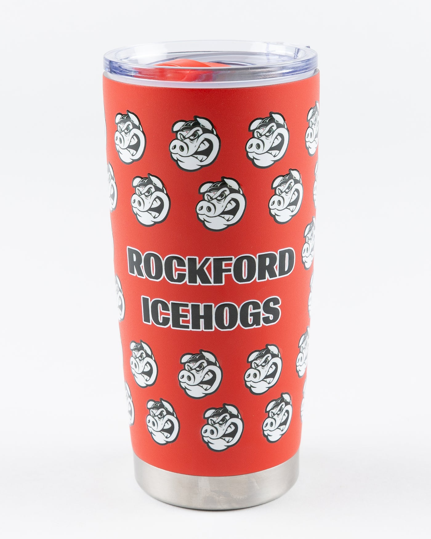 red Rockford IceHogs tumbler with all over Hammy print and wordmark - front lay flat
