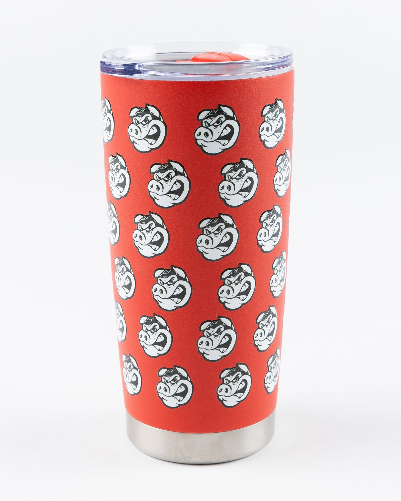 red Rockford IceHogs tumbler with all over Hammy print and wordmark - back lay flat