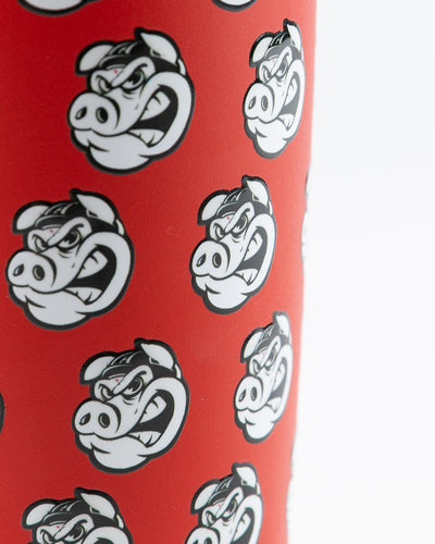 red Rockford IceHogs tumbler with all over Hammy print and wordmark - detail lay flat