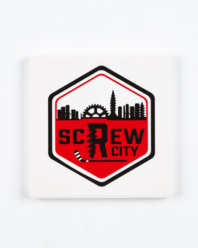 white Rockford IceHogs coaster with Screw City logo decal on front - front lay flat