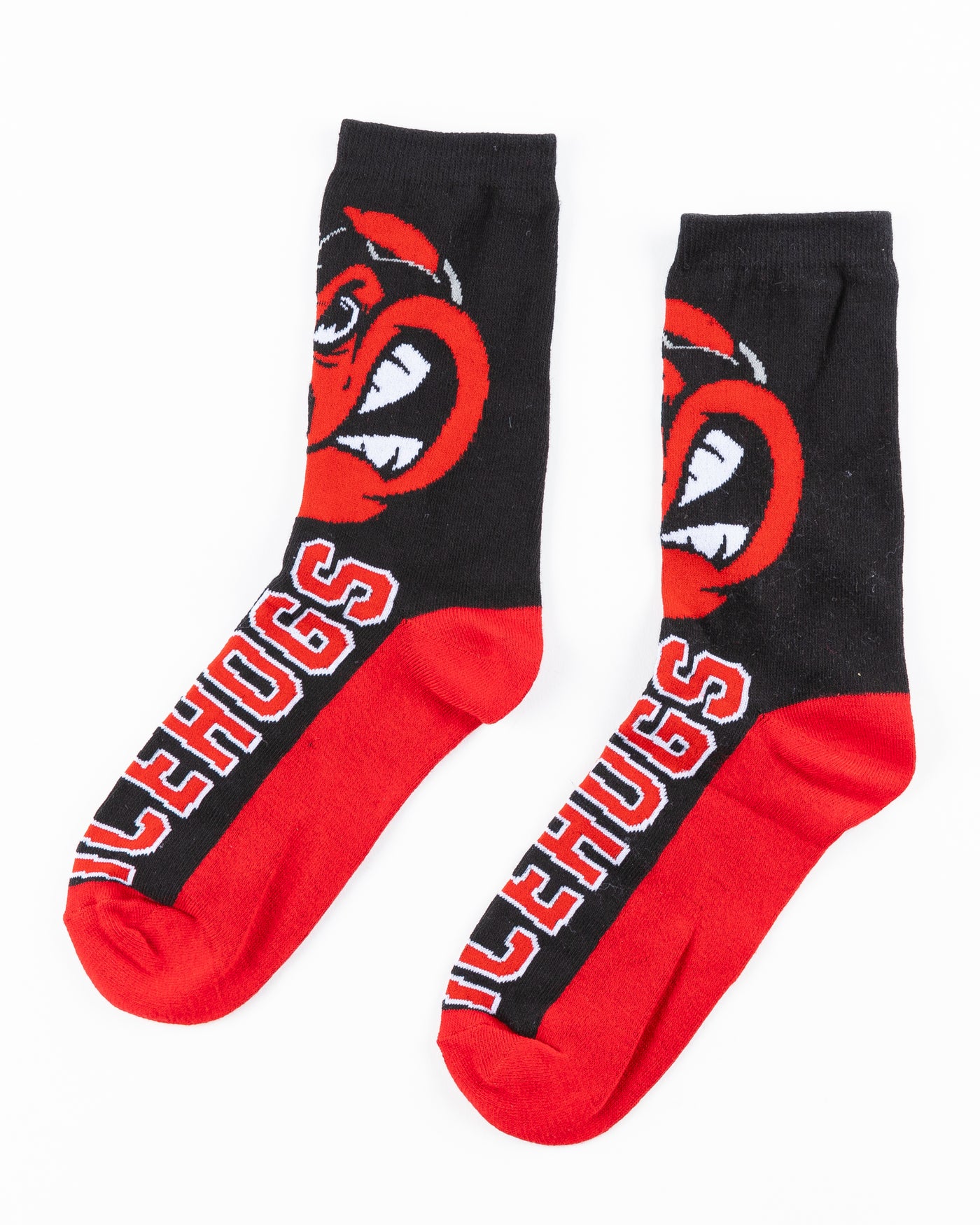 black and red Rockford IceHogs socks - front lay flat