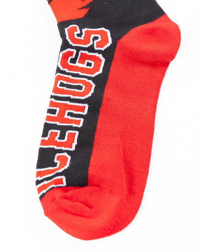 black and red Rockford IceHogs socks - detail lay flat