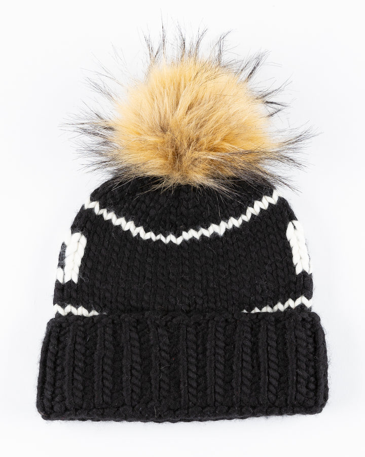 black Chicago Blackhawks beanie with detachable tan pom - back lay flat