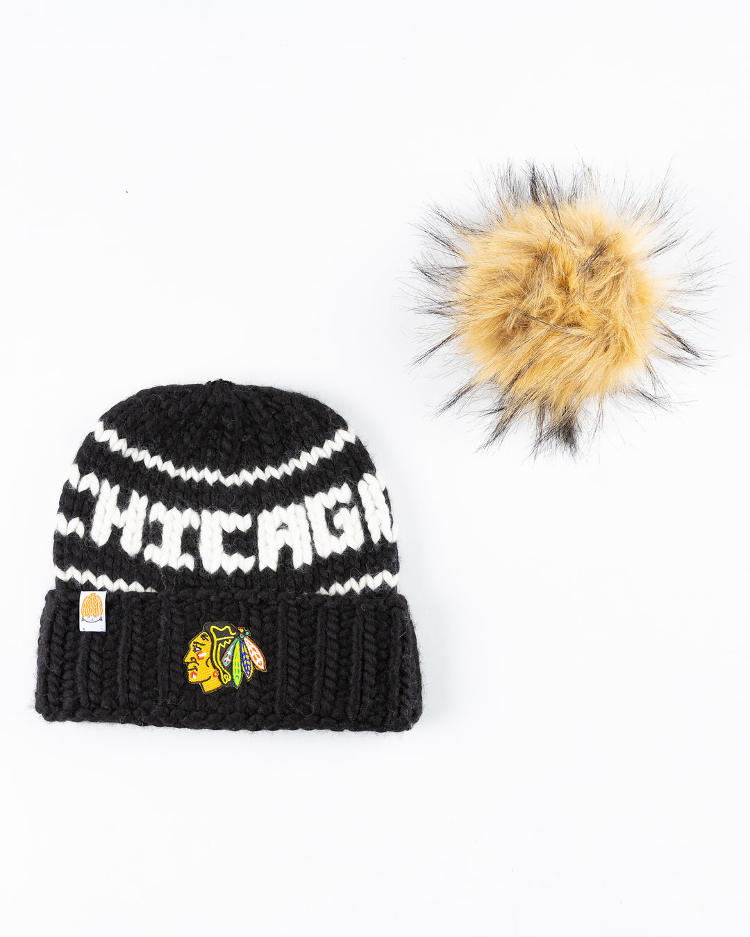 black Chicago Blackhawks beanie with detachable tan pom - alt detail lay flat