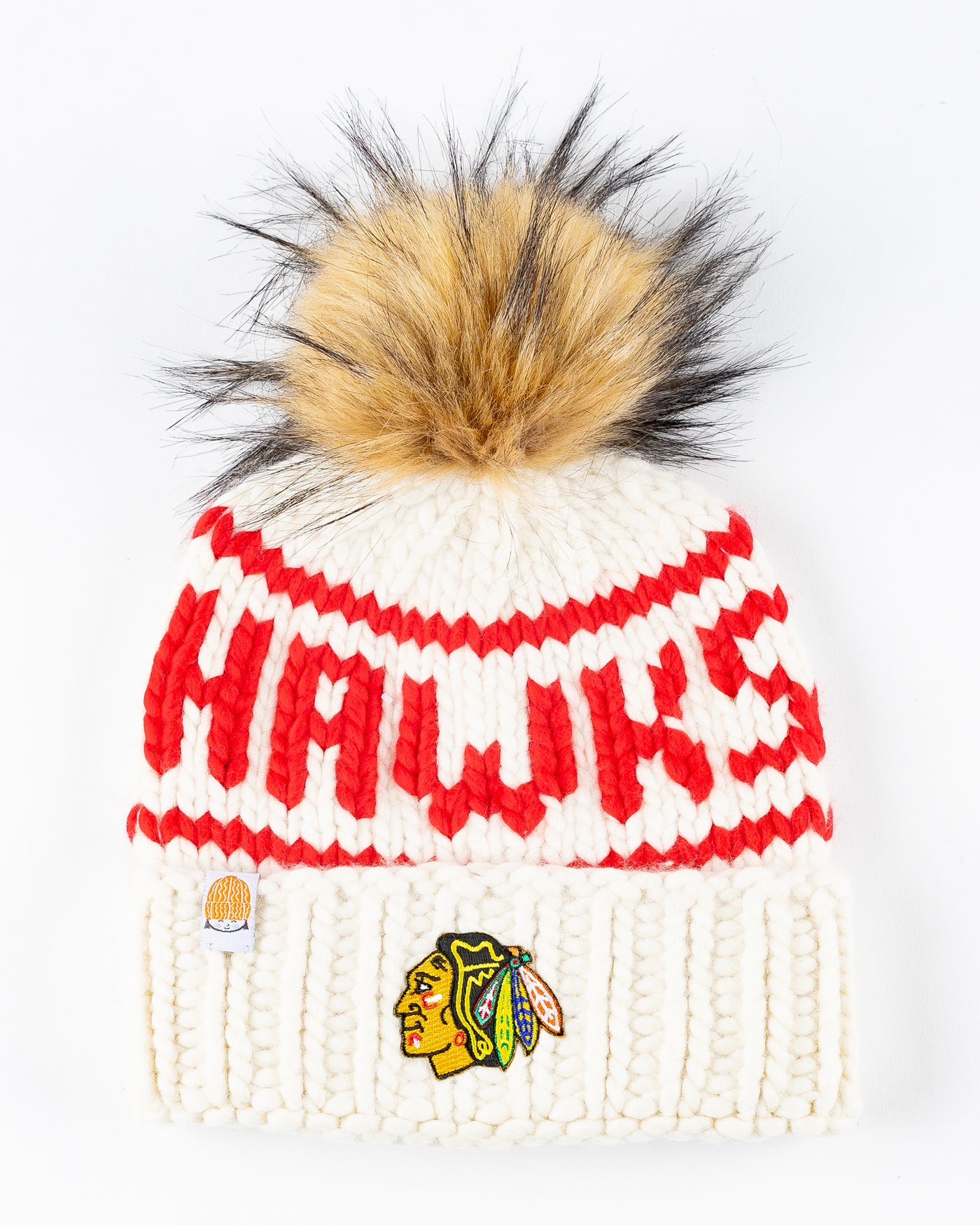 white Chicago Blackhawks knit beanie with detachable tan pom - front lay flat