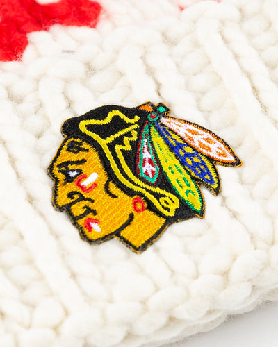 white Chicago Blackhawks knit beanie with detachable tan pom - detail lay flat