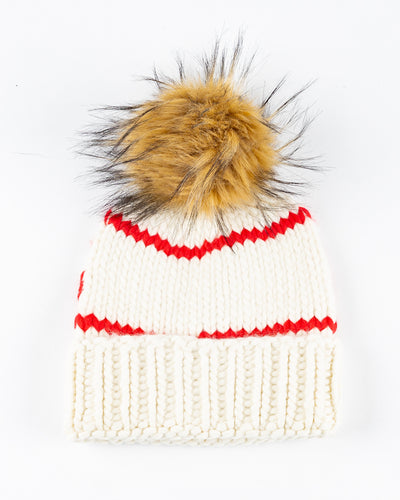 white Chicago Blackhawks knit beanie with detachable tan pom - back lay flat